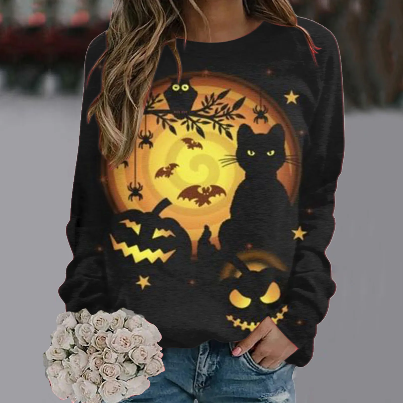 

Cans Old School Womens Halloween Print O Neck Sweatshirt Round Neck Fit Pullover Tops Casual Long Sleeve Wide Neck Sweatshirt