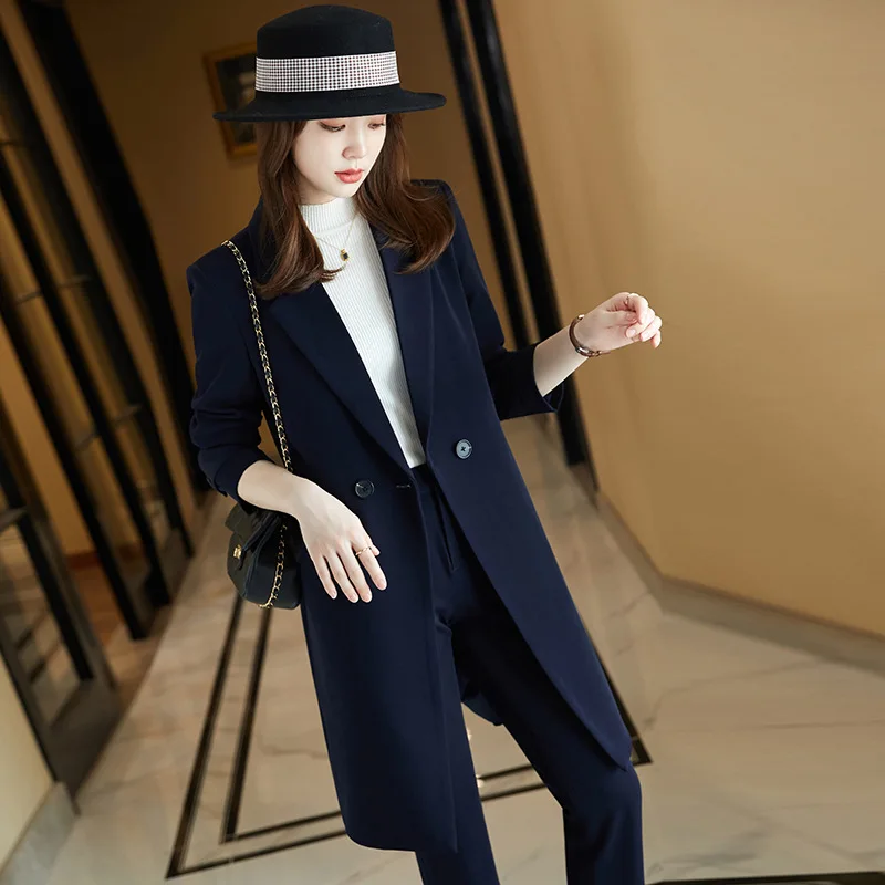 IZICFLY High Quality New Style Autumn Winter Elegant Slim Business Office Blazers Pant Sets Women Work Wear Long Windbreaker