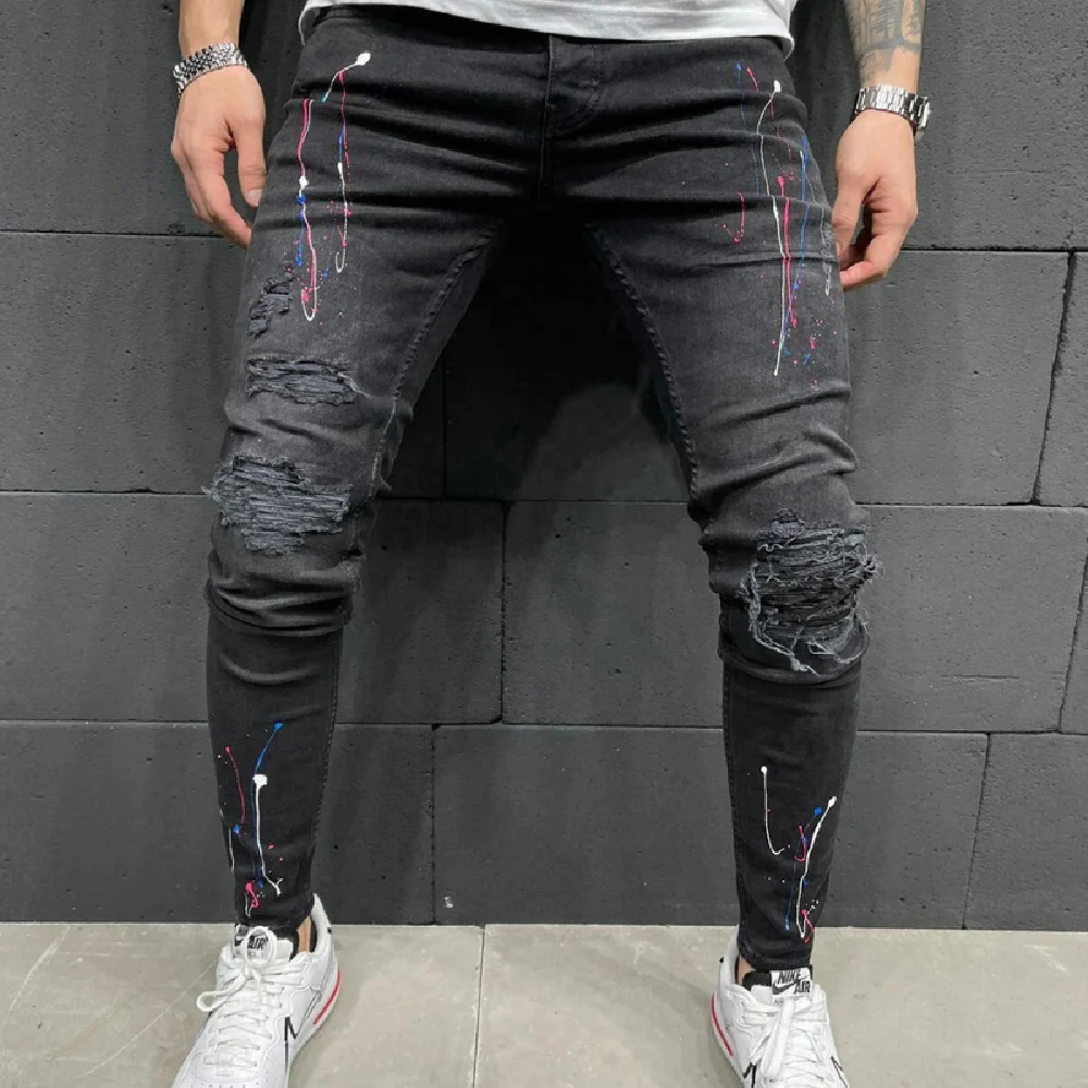 

Men's Scratched Ripped Skinny Jeans Slim Pencil Pants Graffiti Casual Biker Pants 2022 High Quality Denim Menswear