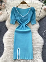foamlina 2022 new chic summer knit dress color match bodycon mini dress elegant v neck short sleeve tight fit split women dress