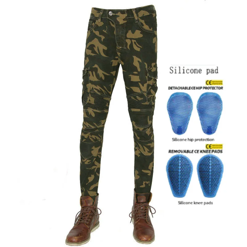 

Motorcycle Riding Trousers Straight Loose Protective Jeans Camo Blue Knight Cycling Casual Pants With Slow Rebound Pads