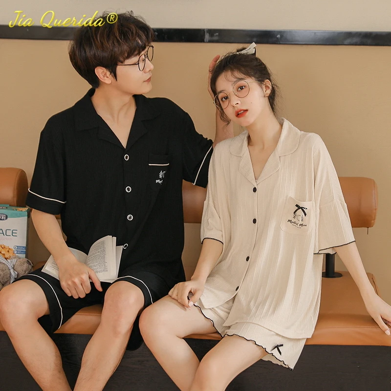 

Young Couple New Summer Fashion Nightwear Soft Cotton Black and White Turn-down Collar Couple's Homesuit Leisure Sleepwear
