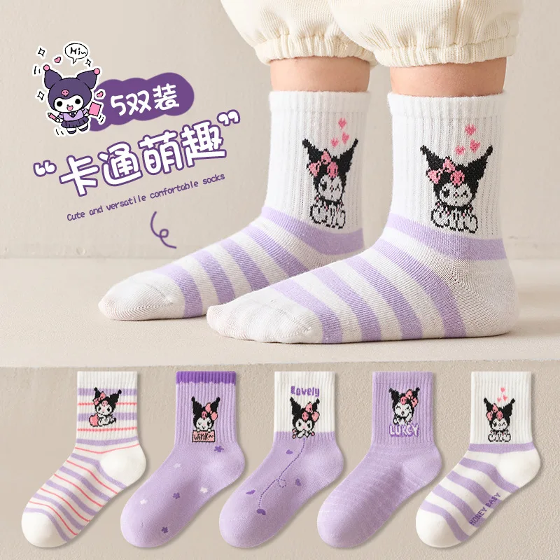5 Pairs Cute Sanrioed Kuromi My Melody Hellokitty Cinnamoroll children's Socks Autumn Cartoon Tube Sports Cotton