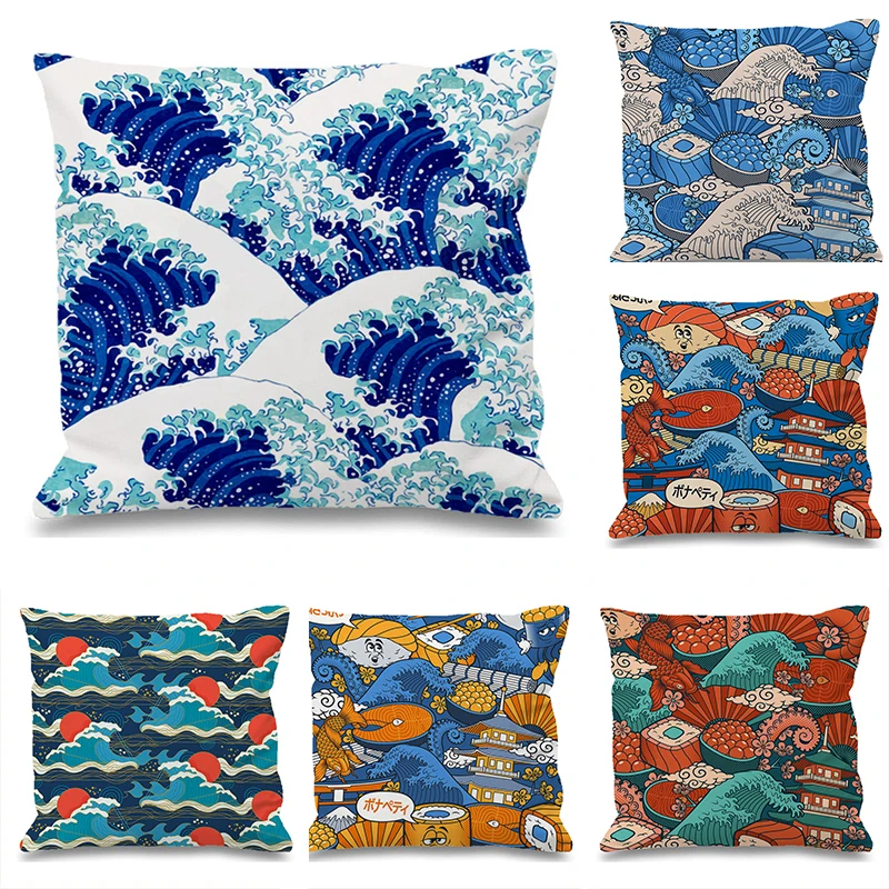 

45x45 Cushions Covers for Bed Pillows Decor Home Japanese Wave Pillowcase Luxury Pillow Cover Sitting Cushion Short Plush 45*45