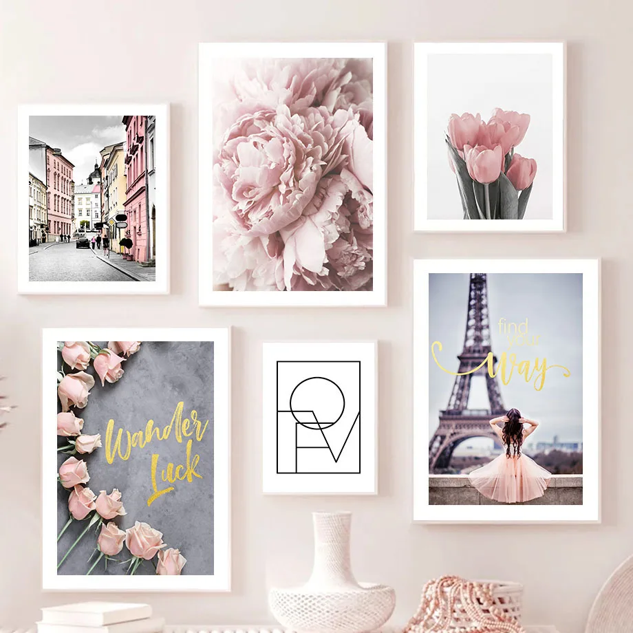 

Pink Rose Tulip Peony Paris Tower Street Scene Wall Art Canvas Painting Nordic Posters And Prints Pictures For Living Room Decor