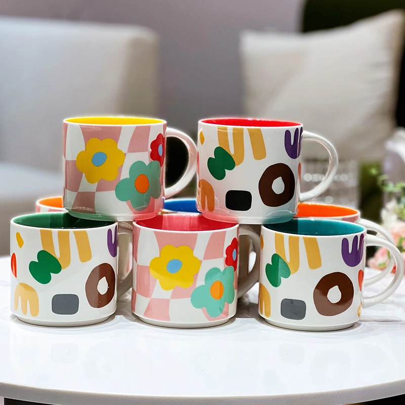 

450ml Creative Mug Candy Color Coffee Milk Cup Hand-painted Couple Office Home Drinking Cup Microwave Safe Random Color