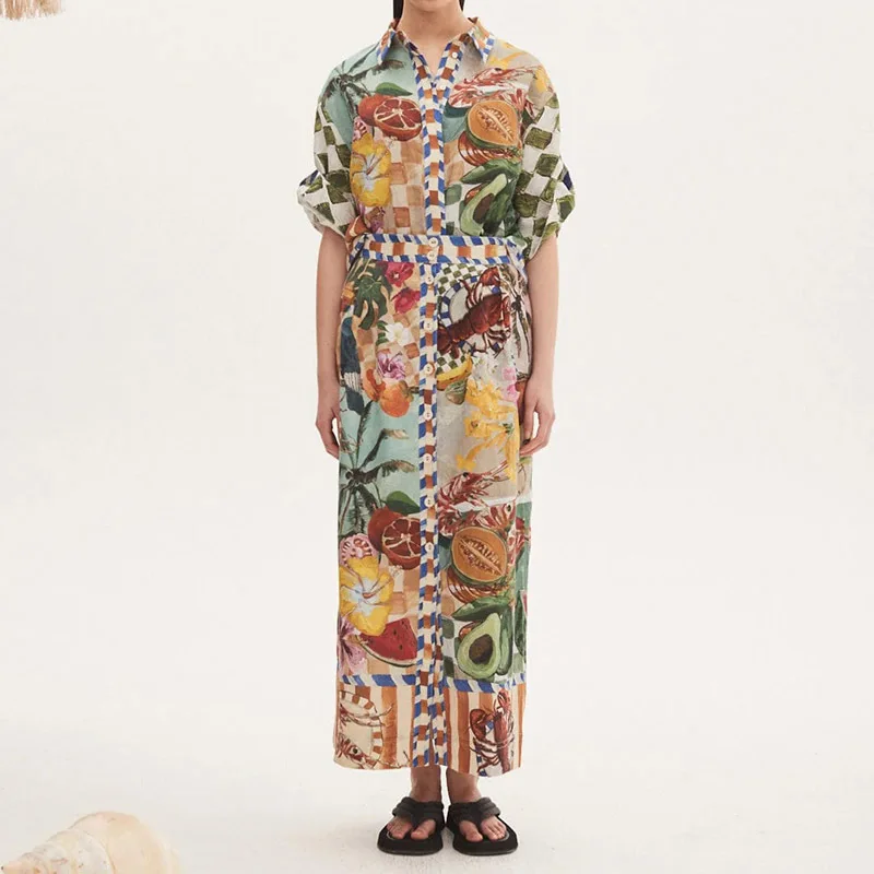 

23 Fashion Flax Lobster Fruit Sets Women Casual Short Sleeve Lapel Single Breasted Print Shirts Runway New Button Straight Skirt