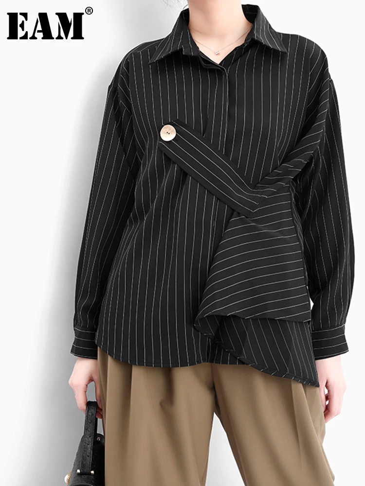 

[EAM] Women Black Striped Big Size Blouse New Lapel Long Sleeve Bandage Loose Fit Shirt Fashion Tide Spring Autumn 2022 JY85301