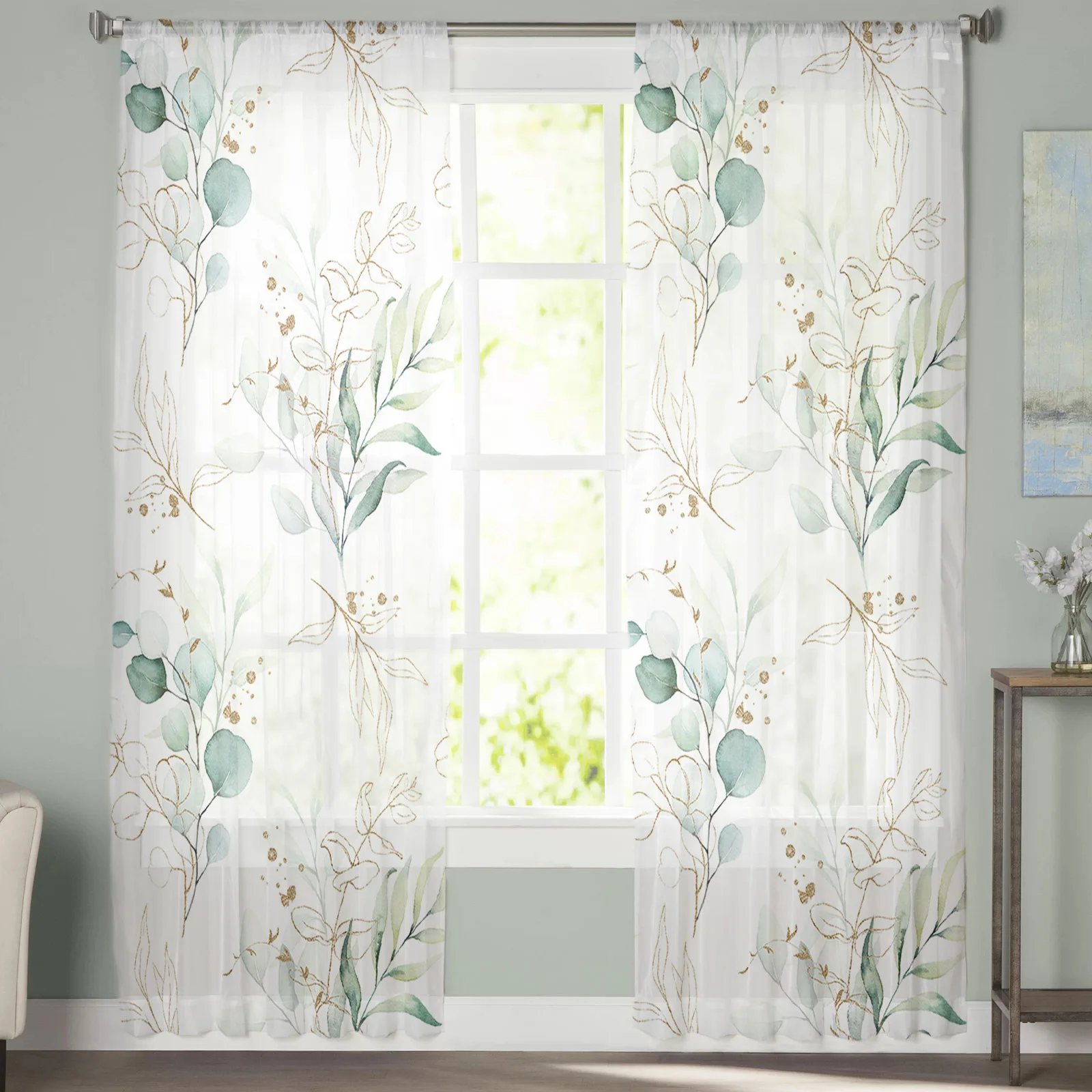 

Green Leaf Eucalyptus Plant Tulle Curtains For Living Room Bedroom Decoration Luxury Voile Valance Sheer Curtains For Kitchen