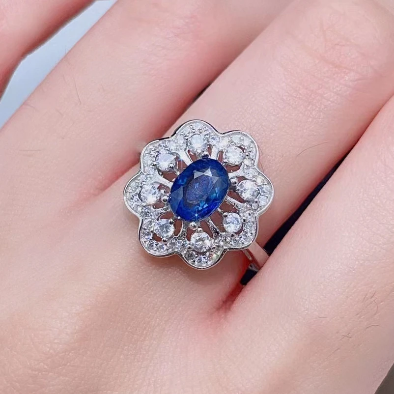 

925 Silver 0.7ct Natural Sapphire Wedding Ring for Woman 5mm*7mm Blue Sapphire Ring with 3 Layers 18K White Gold Plating