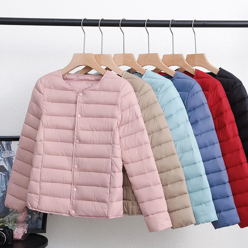 Short Lightweight Down Cotton Jacket with Round Neck  Female Winter 2023 Parka New In Outerwear Spring Fluffy Leather