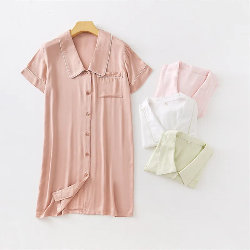 Simple Spring Summer Pajamas Tribute Satin Light Shirt Loungewear Pointed Collar Solid Color Medium-length Women Nightgown