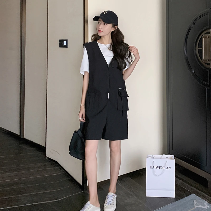 

V-neck Zipper Sleeveless One Piece Shorts Jumpsuit Wide Leg Overalls Romper T-shirt Two Piece Sets Women Summer Streetwear 8877