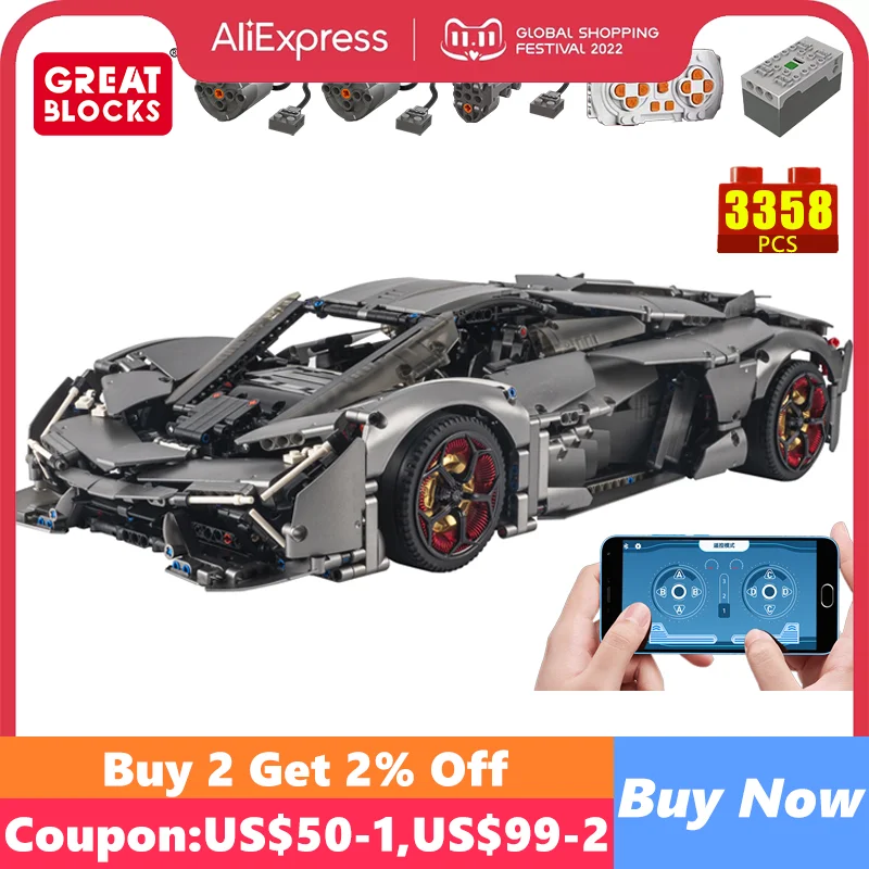 

1:8 10246B Technical Moter Power APP Remote Control Bricks Building Blocks Super Sports Car Program Sets Toys EducationKids Gift