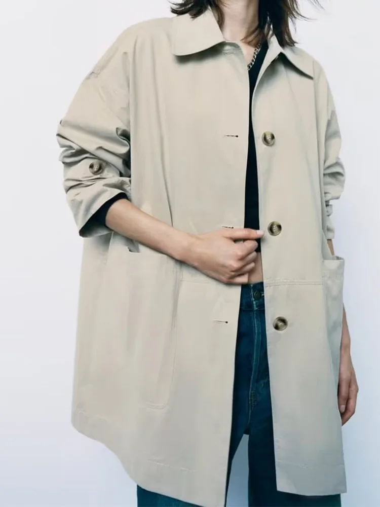 

TRAF ZA Autumn Outerwear New Women Windbreak Coat Commuter Mid-Length Casual Simplici Pocket Decoration Loose Trench coat