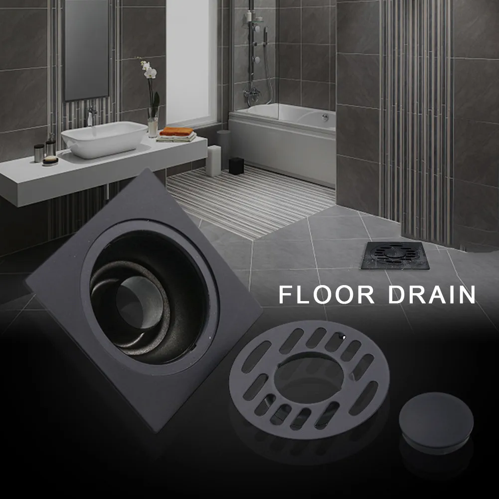 

Black Bathroom Square Shower Drain Stainless Steel Floor Drain Trap Waste Grate Round Cover Hair Strainer