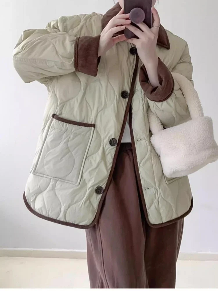 2024 зимняя модная новая женская теплая хлопковая одежда с откидным воротником и