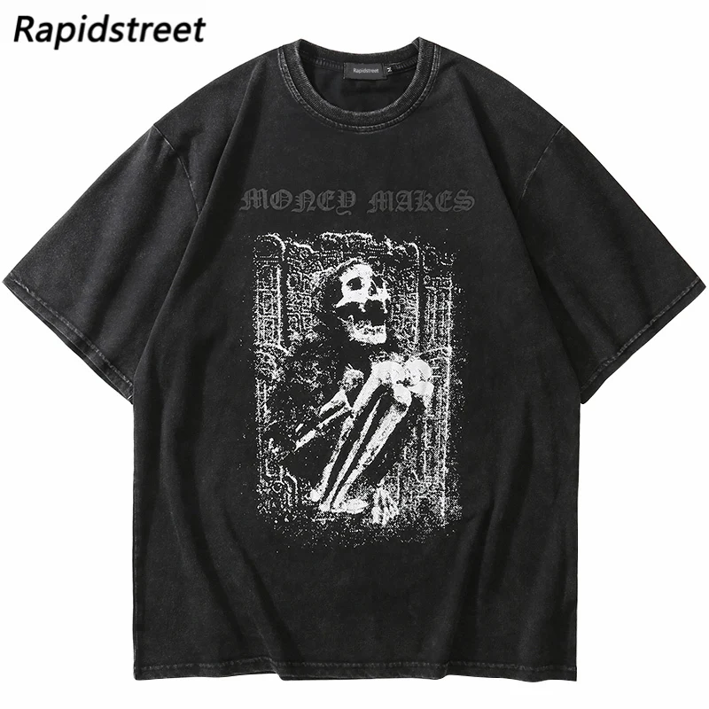 

Washed T-Shirt Hip Hop Streetwear Evil Skull Print Oversize T Shirt Harajuku Cotton Casual Tshirt 2022 Men Summer Short Sleeve