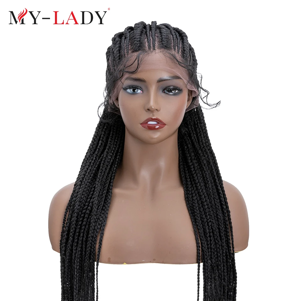 My-Lady 25inches Synthetic Lace Front Wig Cornrow Braids Black Long For Afro Woman Daily Frontal Headband Braided Wigs Baby Hair