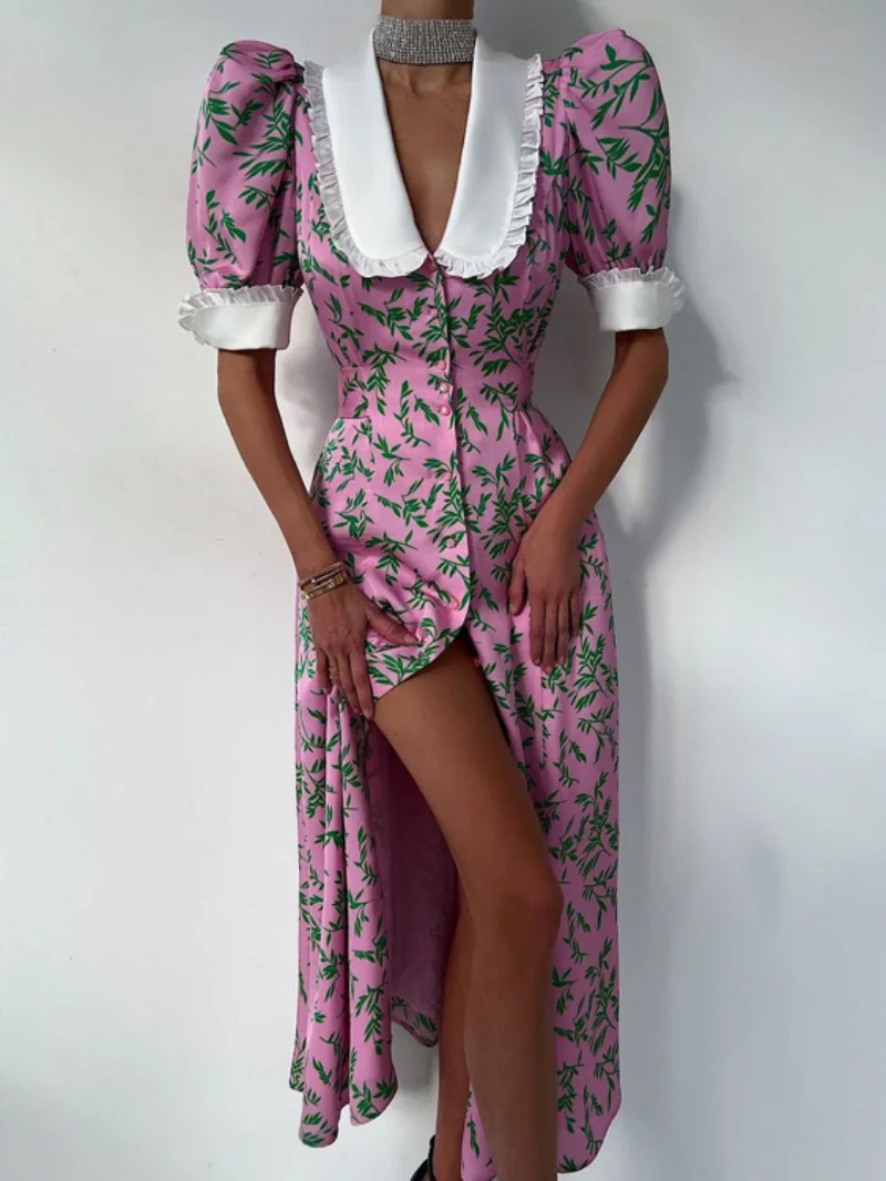 

Женское однобортное платье с круглым вырезом, модное элегантное платье до середины икры с коротким рукавом и высокой талией, уличная одежда, туники, лето