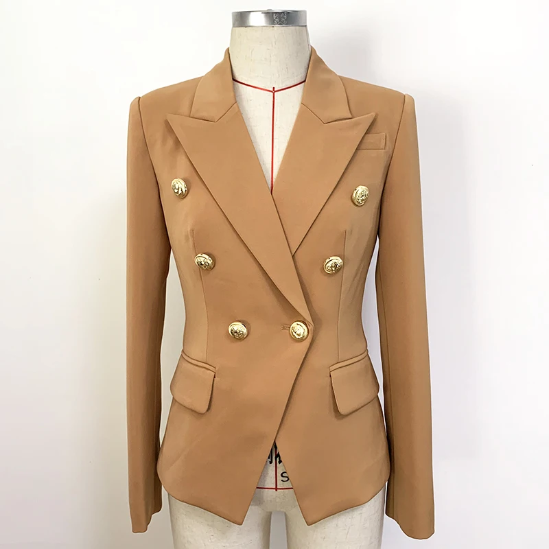 HIGH QUALITY Newest 2023 Star Style Designer Jacket Women's Classic Lion Buttons Double Breasted Slim Fit Blazer Brown
