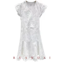 cotton 100 feifei short sleeve a line dress for ruandai 2022 summer new women v neck lace up daisy hook hollow lace dress