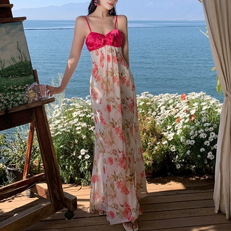 

Print Spaghetti Strap Ruffles Dress Summer New Fashion Beach Holiday High Waist Slash Neck Elegant Sleeveless Women's Wear