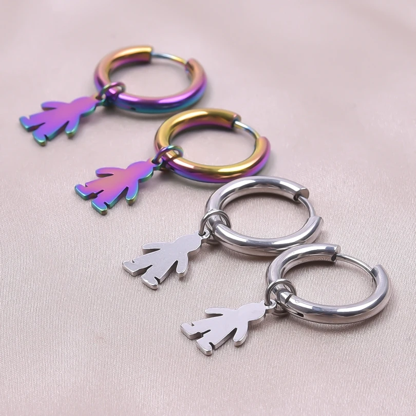 

Rainbow Cute Cartoon Human Stainless Steel Waterproof Fashion Tassels Dangle Ear bone Circle Hoop Earrings for Women/Men Jewelry
