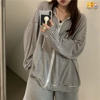 black and white striped zip up hoodie autumn loose all match korean style students clothes for women y2k streetwear sweatshirts