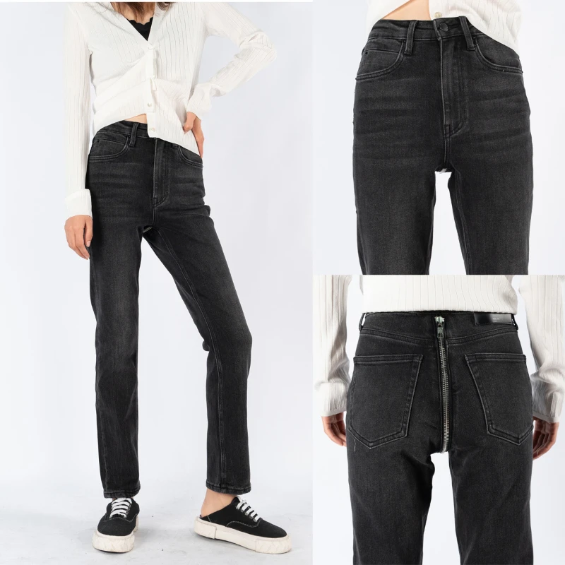 

119581 2021 Autumn Winter New Zipper Jeans Women Fashion Classic Brand Luxury Design Elastic High Waist Straight Pants A2