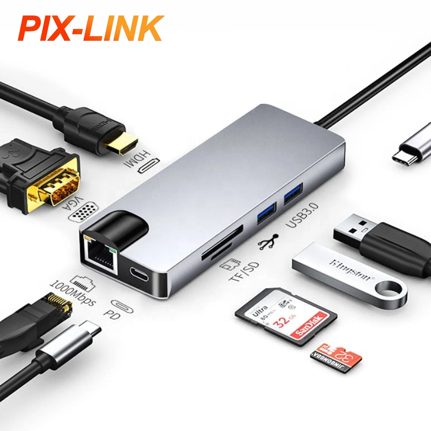 

PIXLINK Custom OEM usb type-c hub type c docking station USB HUB with hd-mi+usb3.0+pd power delivery charger