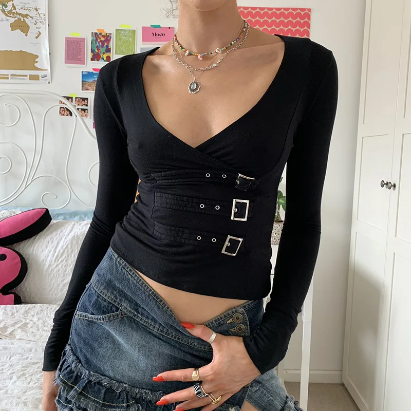 

Grunge y2k Aesthetics Gothic Buckle Trims Criss-cross Tees kawaii clothes E-girl Streetwear V-neck Black Long Sleeve Crop Tops