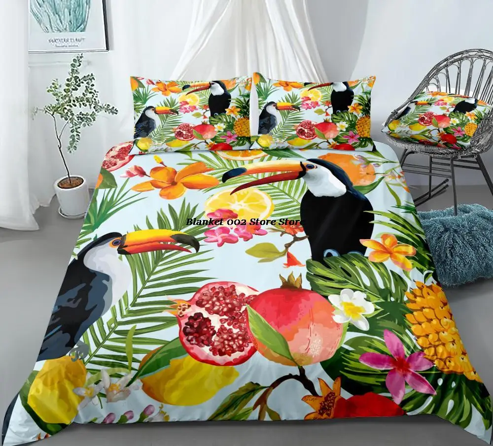 

Tropical Fruits and Toucan Duvet Cover Set Pomegranate Lemon Orange Flowers Leaves Bedding Botanical Quilt Cover King Dropship