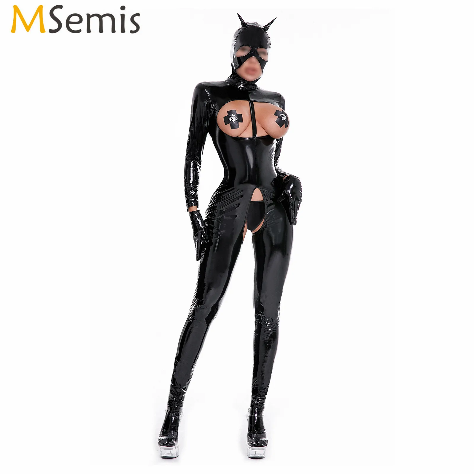 Женский голографический комбидресс боди из лакированной кожи с ложным