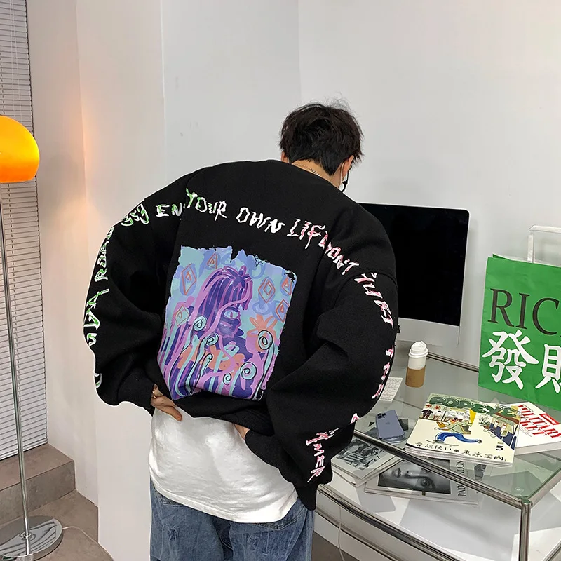 

Graffiti Print Hip-hop Round Neck Sweater Men Spring New Ins Tide Brand Personality Couple Hong Kong Style Women Casual TopM-5XL
