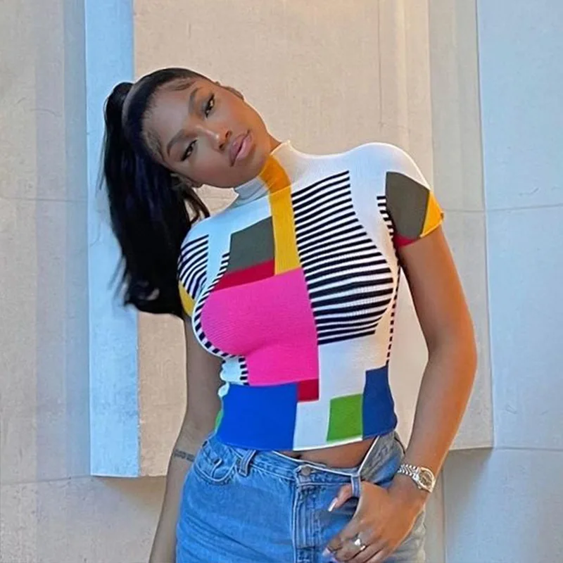 

Женская футболка с геометрическим рисунком, летние пуловеры оверсайз, Женская водолазка с принтом, облегающая блузка, Корректирующий топ, о...