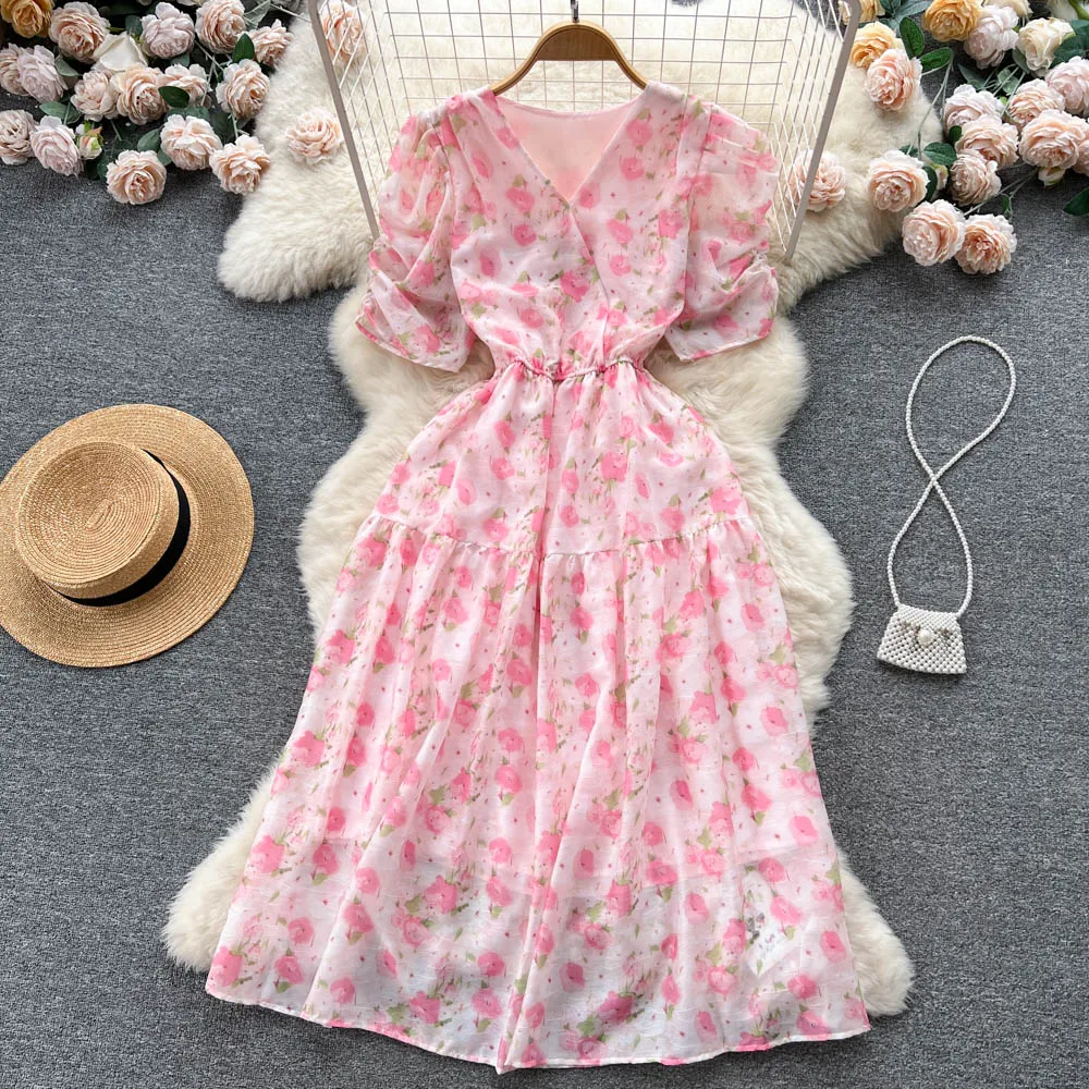 

Французское шикарное Цветочное платье, облегающее летнее Плиссированное длинное платье с пузырьковым рукавом и поясом