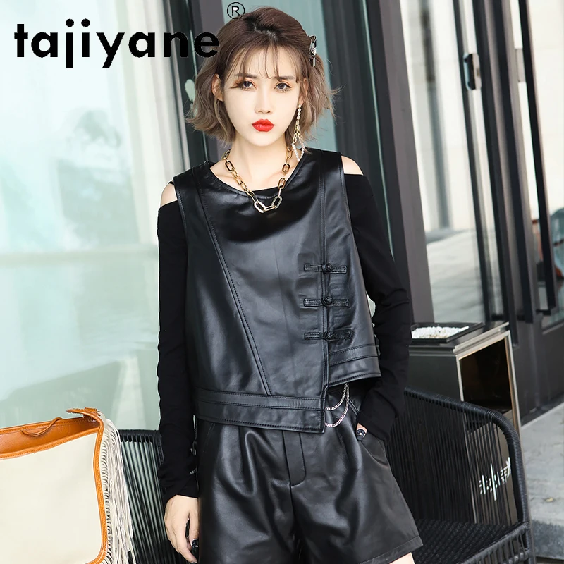 Tajiyane Genuine Leather Women's 2022 Early Spring New Irregular Sleeveless Vest Sheepskin Retro Buckle Waistcoat FCY109