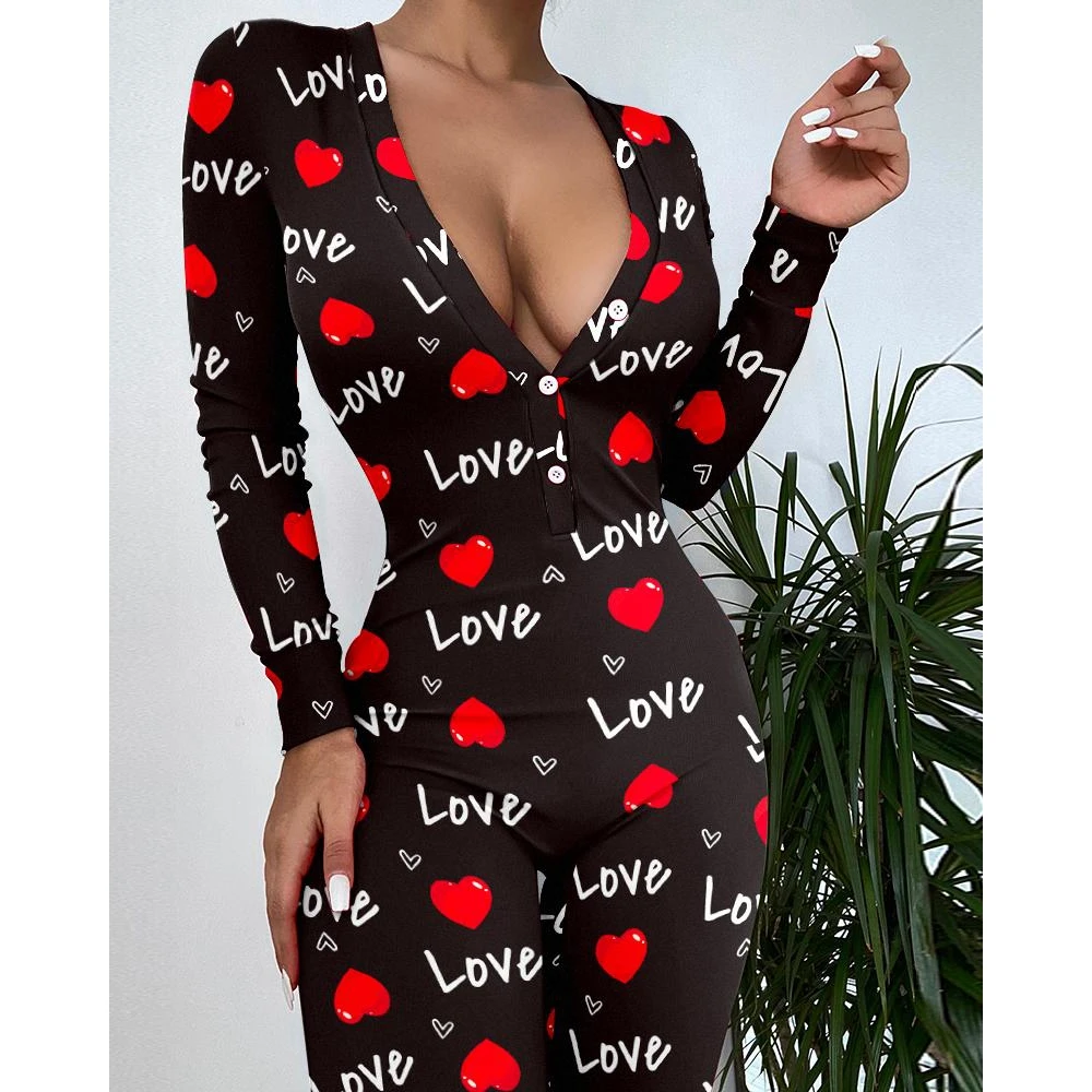 Autumn Spring Women Sexy Heart Letter Print Functional Buttoned Flap Sleep Onesie Pajamas Ladies V Neck Long Sleeve Sleepwear