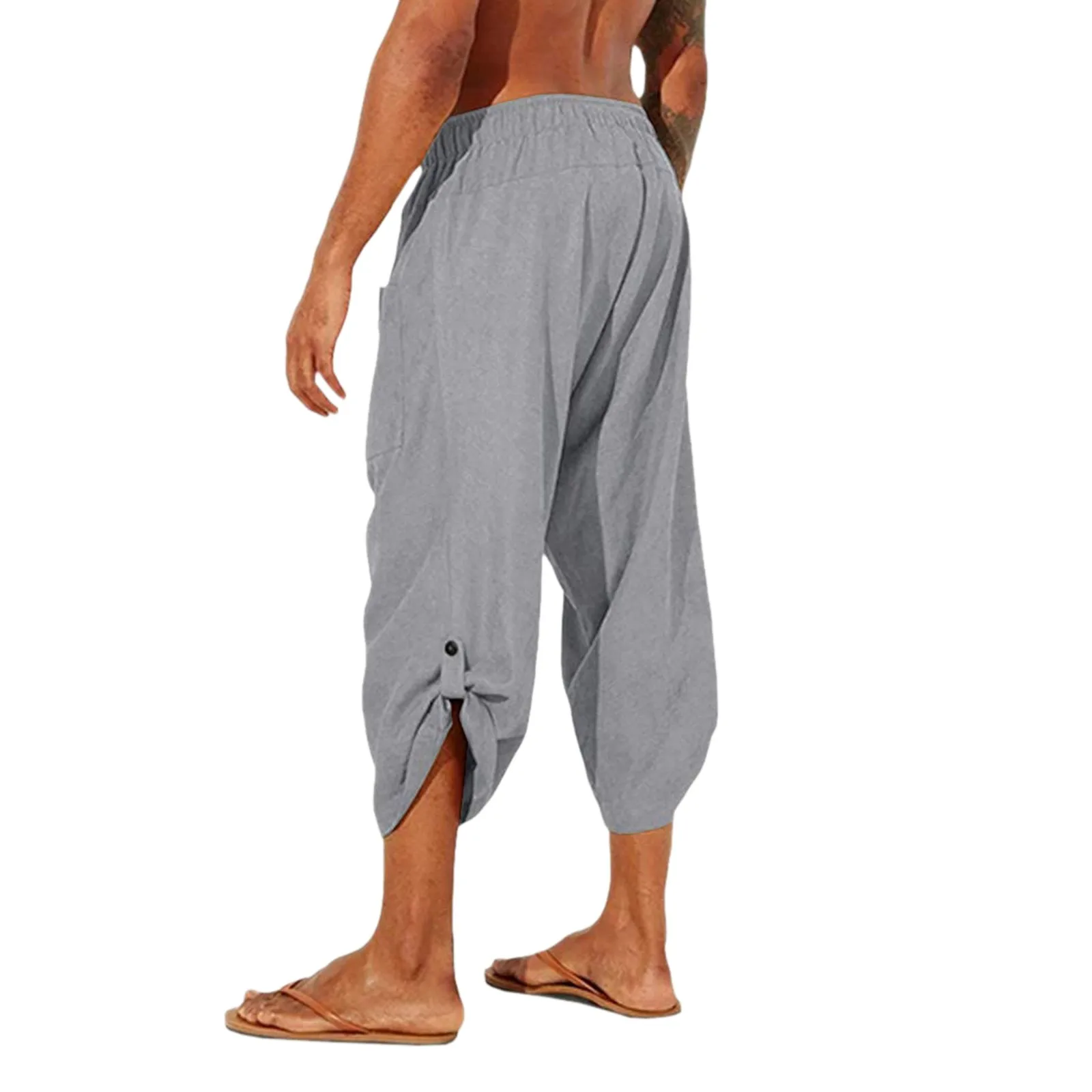 

Cropped Trousers Men Imitation Linen Pants Spring And Summer Casual All Match Button Roll Up Solid Trousers Loose Beach Pants