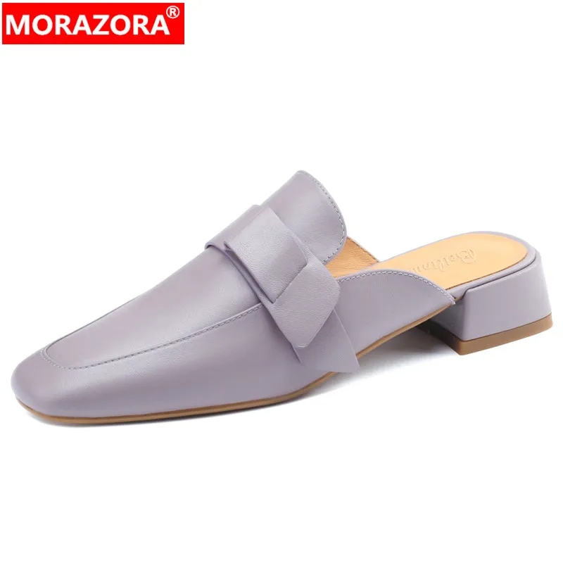 

Женские мюли из натуральной кожи MORAZORA, черные однотонные шлепанцы на среднем квадратном каблуке, лето 2023