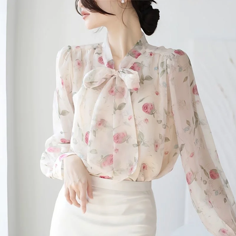 

French Style Lace-up Bow Blouse for Women's 2023 Spring New Retro Fairy Bubble Sleeves Print Floral Shirt Elegant Gentle Tops