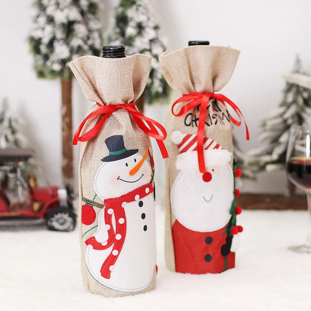 

Одежда для бутылки шампанского, Рождественская сумка для бутылок с Санта-Клаусом, снеговиком, праздничный декор, многоразовая моющаяся сум...