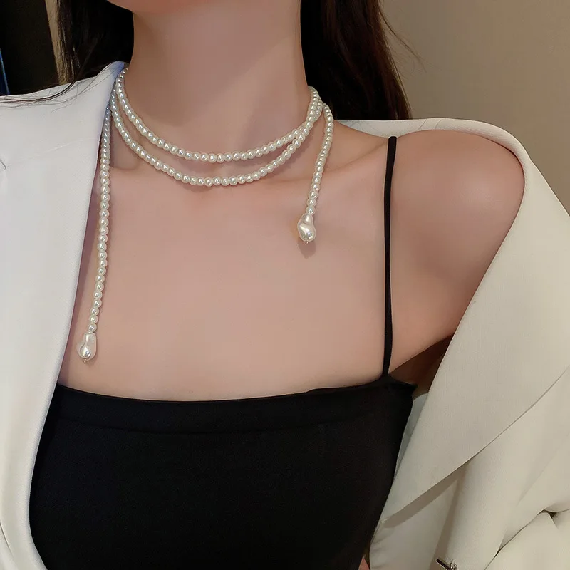 

Temperament Pearl Long Necklace For Women Korean Fashion Simple Versatile Department Retro Personalized Exquisite Jewelry Gifts