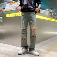 boys european style jeans torn old printing trend versatile high street rock micro elastic high waist straight pants