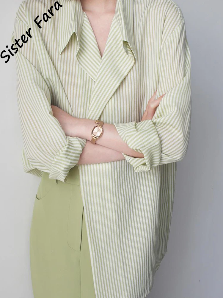 

Sister Fara Green Striped Blouses for Women Spring Long Sleeves Casual Shirt Autumn Ladies Loose Turn-down Collar Blouses Tops