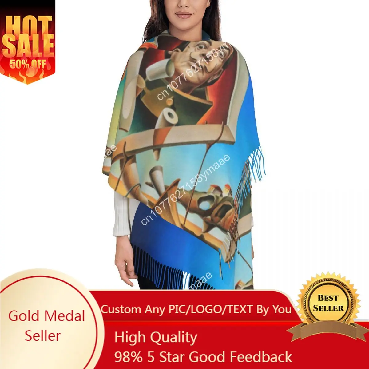 

Luxury Salvador Dali Spain Surrealism Artist Tassel Scarf Women Winter Warm Shawl Wrap Lady Retro Portrait Scarves