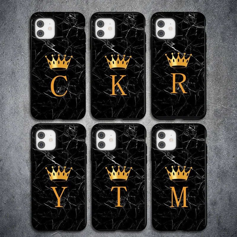 

Initial Letter A Z Crown Phone Case For iPhone 11 12 13 Mini Pro Max X XR XS Max 8 7 Plus Marble Texture Couples Soft TPU Cover