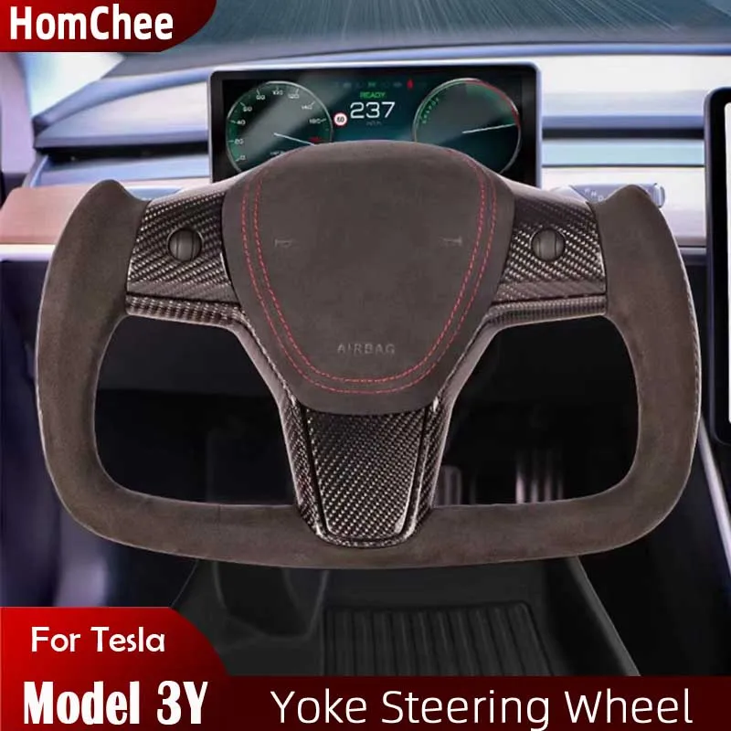 

HomChee Yoke Steering Wheel Leather Wheel Racing for Tesla Model 3 Model Y Carbon Fiber Back White Heated Optional 2017~2022