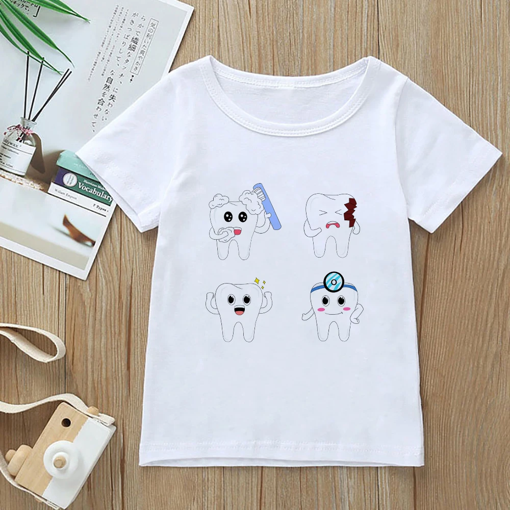 Fashion New Cartoon Design T-shirt Kids Cute Tooth Printed Girl Boy Clothes Spain France Child Favorite Kawaii Tshirt Things